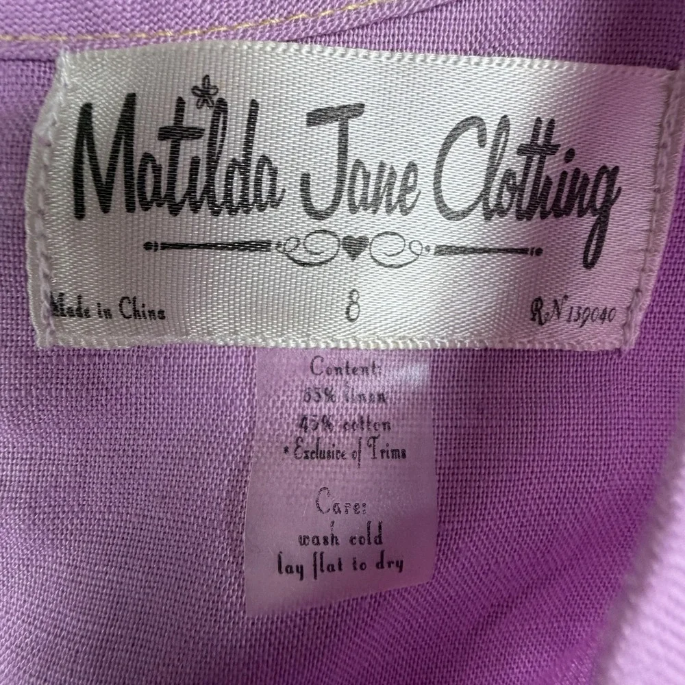 Matilda Jane Girls Dress Size 8 Purple Linen Sundress Ruffle Hem Pockets Whimsy